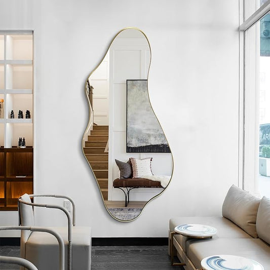 Large Irregular Mirror, Asymmetrical Mirrors Full Length, 55"x25.6" Wavy Shaped Mirror with Metal Frame, Gold Decorative Abstract Mirrors for Living Room Bathroom Bedroom Hallway Entryway