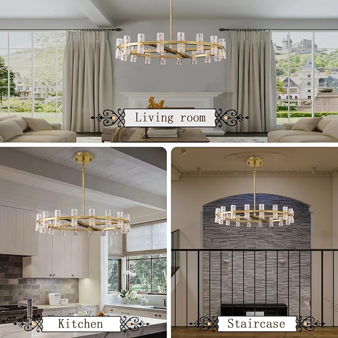 D40 Gold Wagon Wheel Chandelier Modern 40-Lights Gold Round Chandeliers Glass Chandeliers for Dining Room,Living Room Vintage Chandelier