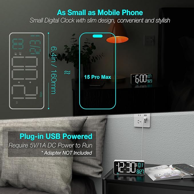 KOSUMOSU Digital Alarm Clock for Bedroom,6.7in Small Digital Clock,Auto Dimming,Date,Day of Week,Seconds or Indoor Temp,LED Alarm Clocks for Living Room,White Desk Clocks for Bedrooms