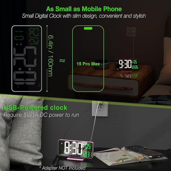 KOSUMOSU Pink Digital Clock 6.7in Desk Clock with Dual Alarm Clock, Dimming, 12/24h, Date, Day of Week, Temp, Digital LED Clock, Alarm Clock for Table, Digital Calendar Table Clocks for Bedrooms