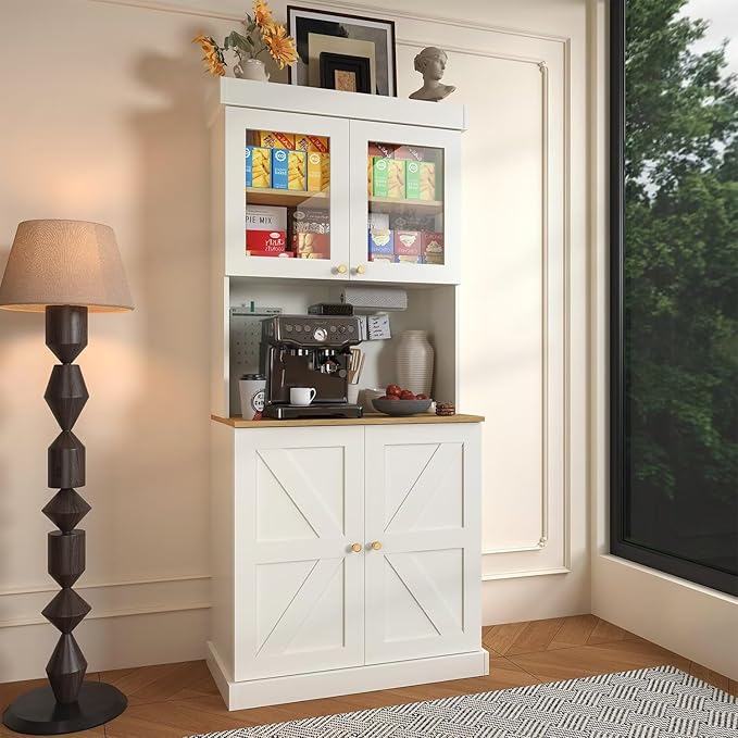 71" Farmhouse Kitchen Pantry Cabinet, White Freestanding Coffee Bar with Glass Doors, Microwave Stand, Large Storage Hutch with Adjustable Shelves for Kitchen or Living Room