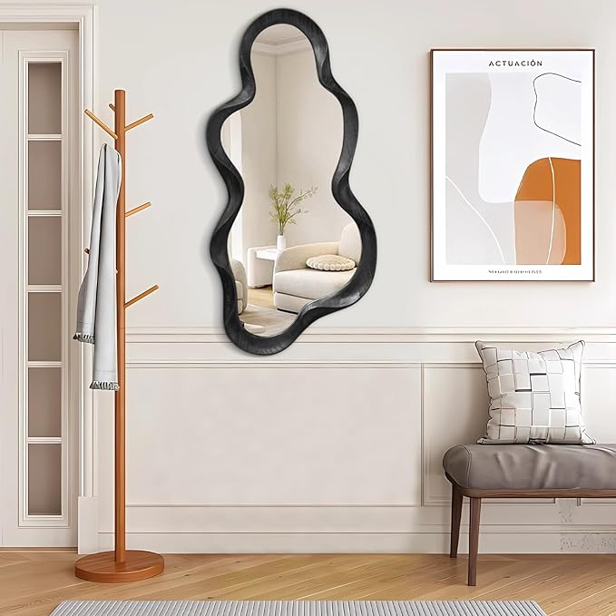 Irregular Wooden Framed Wall Mirror Modern Asymmetrical Unique Hanging Mirror Artistic Unique Cloud Shape Wall Decor Bathroom Vanity Bedroom Living Room Entryway Hallway Large