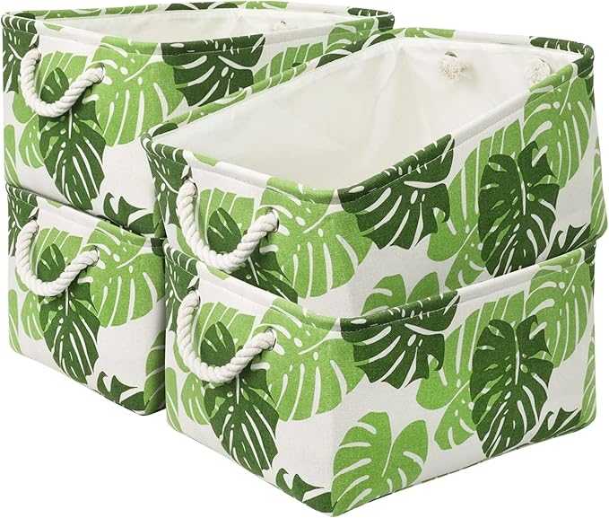 Storage Cubes, Storage Bins Baskets for Organizing 4 Pack for Organizing Toys, Clothes, Closet Baskets with Rope Handles for Nursery Home(White and Green,15.7"L×11.8"W×8.2"H)