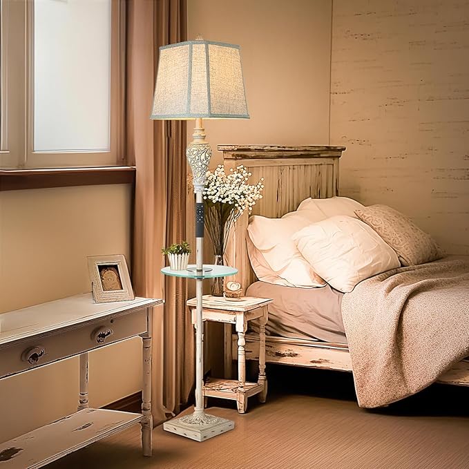 Rustic Floor Lamp, Living Room Lamps with Glass Tray, stepless diming Floor Lamp with Remote Control and USB A&C Charging Ports for Living Room Bedroom Office Smart Bulbs Included