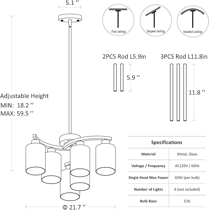 6-Light Gold Chandeliers for Dining Room, Modern Kitchen Island Light Fixtures Over Table, Metal Hanging Pendant Lighting for Living Room Stairwell Entryway Bedroom, Clear Glass Shade