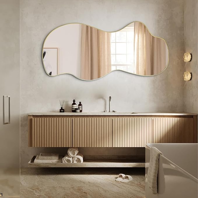 POZINO Large Irregular Mirror, Asymmetrical Full Length Mirror, 55"x25.5" Gold Wavy Shaped Mirrors, Modern Frameless Decorative Mirrors for Dressing Living Room Bathroom Bedroom Hallway Entryway