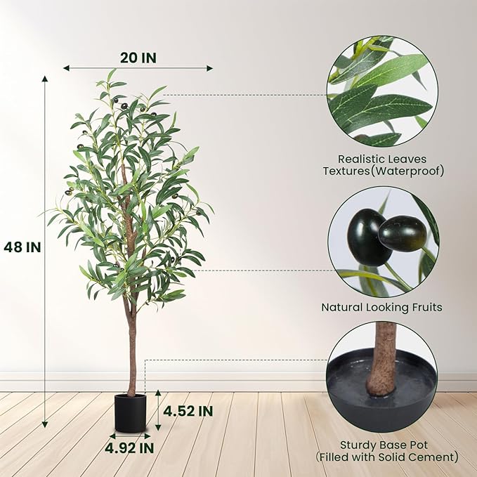 Artificial Olive Tree, 4FT Tall Faux Olive Trees 48in Outdoor Fake Potted Silk Plant with Trunk and Realistic 436 Leaves and 16 Fruits for Modern Office Home Decor（1pack）