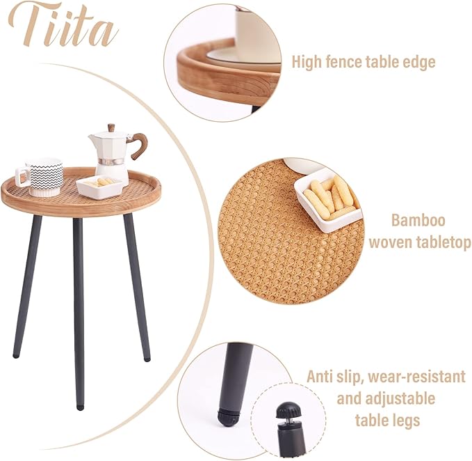 Tiita Rattan Round End Table Mental Side Table Nightstand/Small Wood Tables Accent Coffee Table with Wooden Tray for Living Room Bedroom Office Small Space