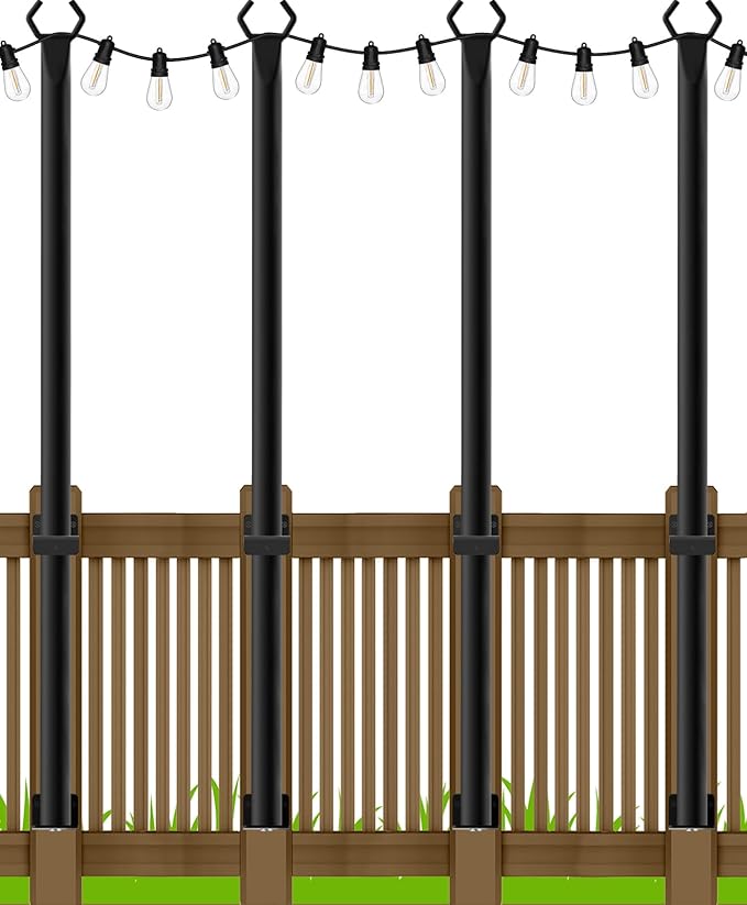 5Ft String Light Poles 4 Pack,Light Poles for Outside Lights,Outdoor with Fence Brackets Hanging Lights,Metal Stand Deck Patio Backyard