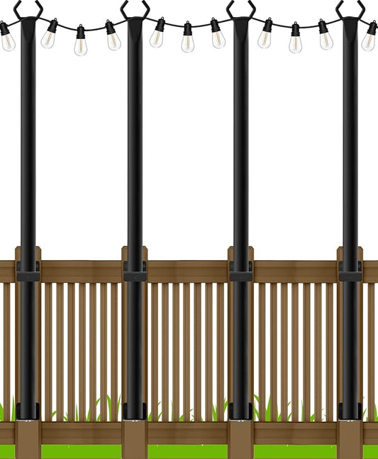 5Ft String Light Poles 4 Pack,Light Poles for Outside Lights,Outdoor with Fence Brackets Hanging Lights,Metal Stand Deck Patio Backyard