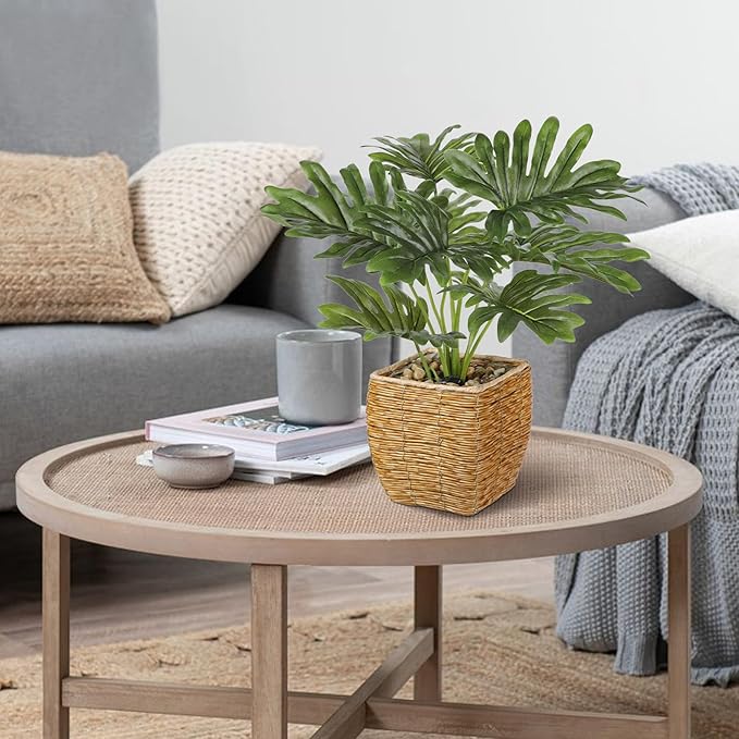 Briful Fake Plants Potted Monstera Artificial Plants Indoor Realistic Greenery Faux Plants in Square Plastic Rattan Baskets for Home Decor Farmhouse Office Weddings