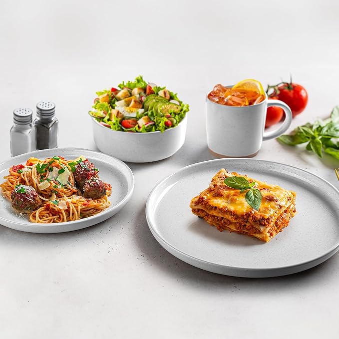 Zulay Kitchen Terra Stoneware Dinnerware Set, Artisanal Ceramic Plates and Bowls Set Crafted at 2300℉ - Service for 4, Speckled White