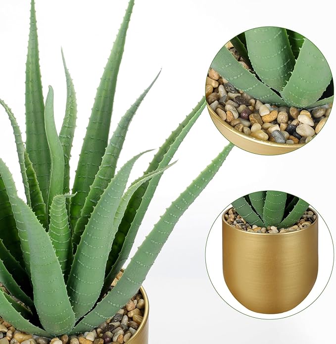 Briful Succulents Artificial Plants Realistic Agave Plant, 4.7'' Gold Metal Pot, Farmhouse Aloe Vera Fake Plants for Home Office Desk Bathroom Shelf Decorations