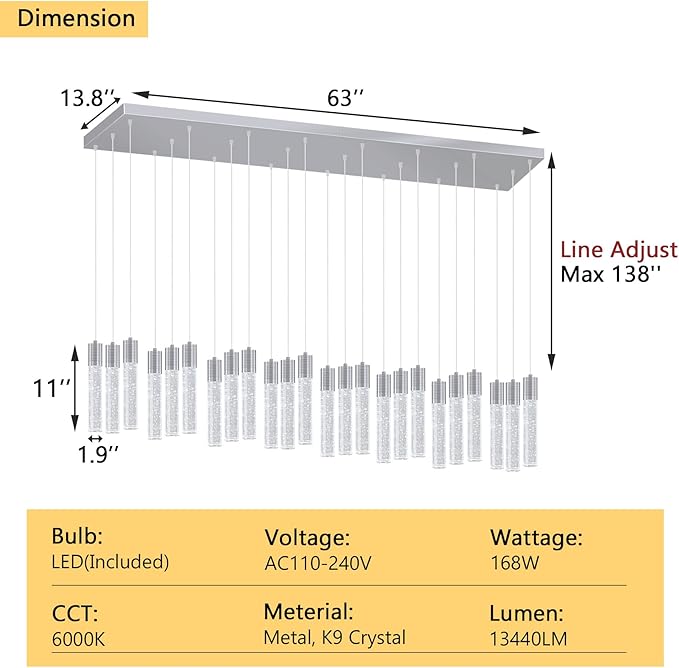 24-Lights Modern Crystal Chandeliers LED Pendant Light for Kitchen Island Dining Room Entrance Foyer Living Room Silver