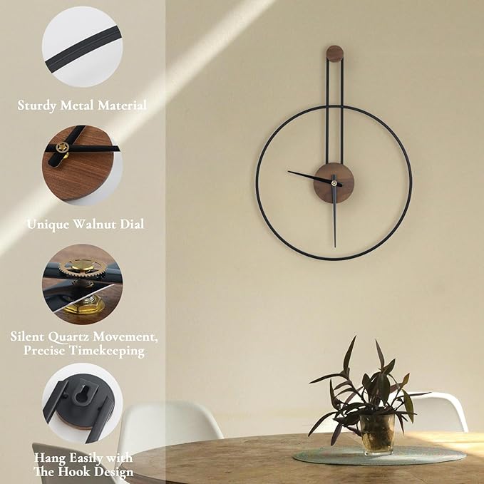 Modern Wall Clock Large Wall Clocks with Walnut Dial Silent Non-Ticking for Living Room Home Decor Bedroom Kitchen Office 17.8''× 24.4'' (Black, Medium)