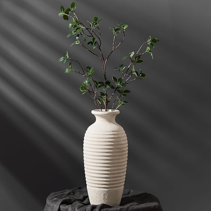 Ceramic Natural Rustic Vase, 14.4 Inch Large Vintage Flower Threaded Decorative Farmhouse Tall Vase for Home Decor, Living Room, Shelf Decor, Wedding, Housewarming Gift, Off-White