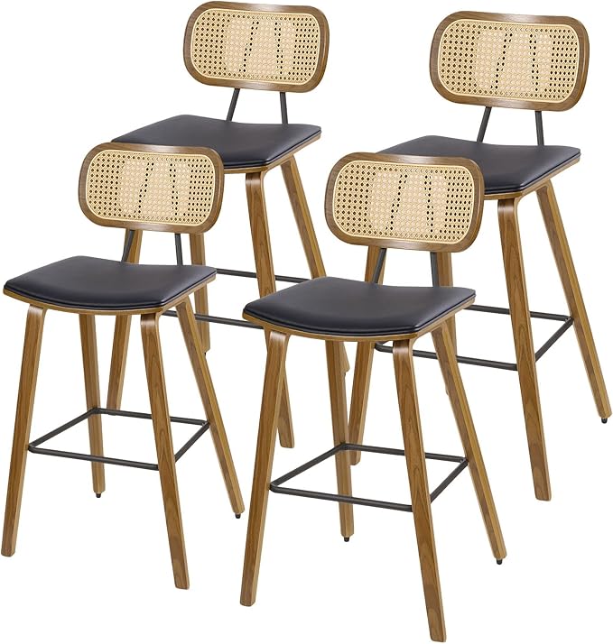 Counter Height Bar Stools Set of 4, Mid Century Modern Counter Stools, 26" Wood Kitchen Stool PU Leather Upholstered Barstool with Rattan Back, Counter Height Island Dining Bar Chair, Black