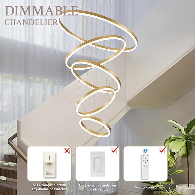5-Rings D31.5’’ Modern LED Chandelier Gold Dimmable High Ceiling Chandeliers Foyer with Remote Control for Entryway Living Room Dining Room Staircase, 3000K-6500K