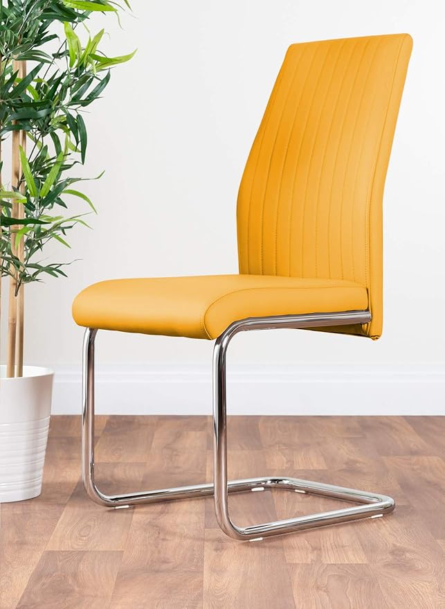 Atlanta White High Gloss and Chrome Metal Rectangle Dining Table and 4 Mustard Lorenzo Dining Chairs Set