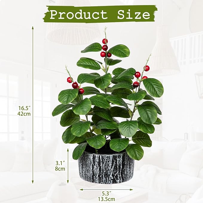 Artificial Plants Decor Greenery Fake Ficus Leaf with Red Seeds Indoor Potted 14" Fake Plant in Rustic Black Ceramic Planter for Farmhouse Room Christmas Kitchen Office Table Desk Decor