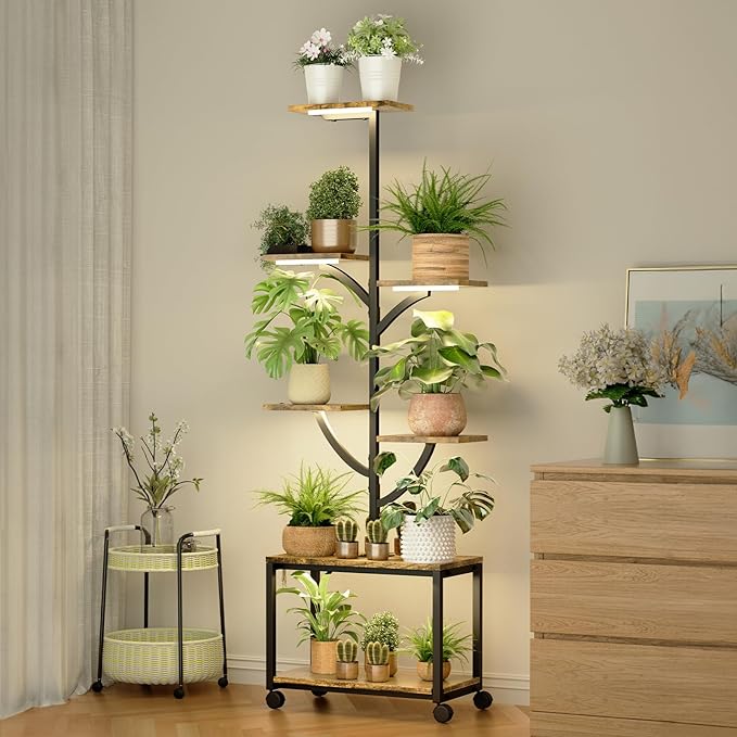Plant Stand Indoor with Grow Lights, 7-Tiered Large Metal Plant Shelf with Wheels, 60" Tall Plant Stand for Plants Multiple, Large Corner Shelves Metal Display Rack Flower Holder for Living Room, Patio, Balcony