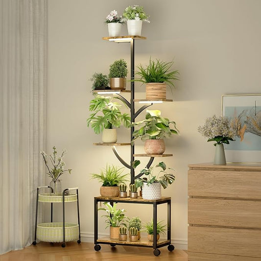 Plant Stand Indoor with Grow Lights, 7-Tiered Large Metal Plant Shelf with Wheels, 60" Tall Plant Stand for Plants Multiple, Large Corner Shelves Metal Display Rack Flower Holder for Living Room, Patio, Balcony