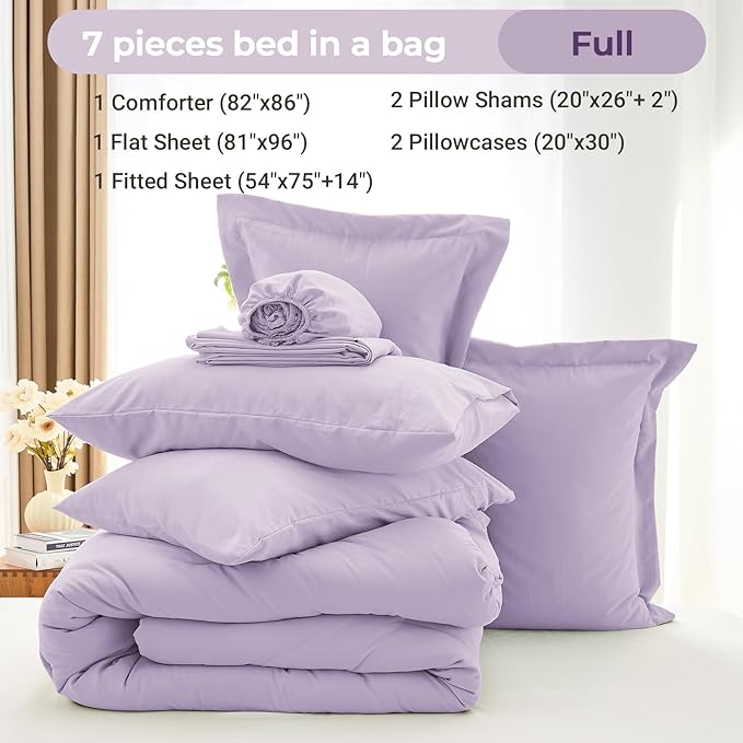 MUXHOMO 7 Pieces Full Comforter Set, Soft Bed in a Bag Full Size, All Season Bedding Set with Comforter, Flat Sheet, Fitted Sheet, Pillowcases & Shams, Lavender