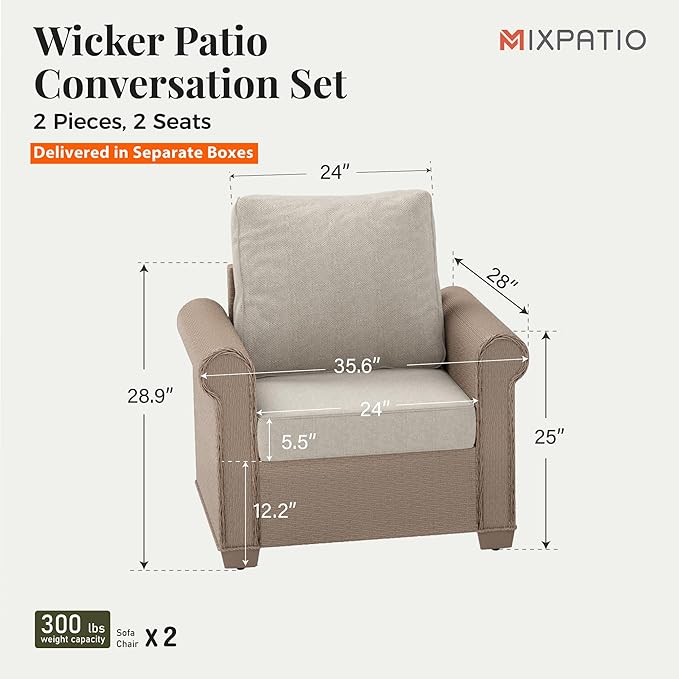 Patio Furniture Set 2 pcs, Wicker Outdoor Patio Furniture, 2 Single Chairs, Rattan Patio Conversation Set for Backyard Deck, Beige