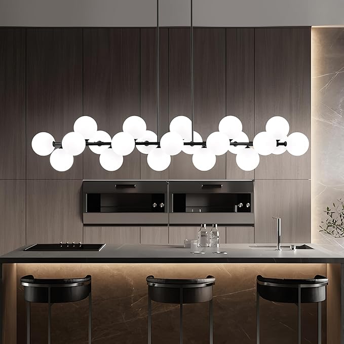 Modern Linear Chandelier for Dining Room Sputnik Chandelier with 22 Lights White Glass Globe Shades Hanging Pendant Channdelier Light for Kitchen Living Room Farmhouse, Lenght 70 Inch