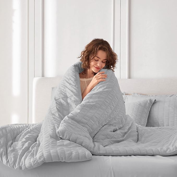 MUXHOMO 7 Pieces California King Comforter Set, Seersucker Bed in a Bag Cal King Size, All Season Luxury Bedding Set with Comforter, Flat Sheet, Fitted Sheet, Pillowcases & Shams, Light Grey