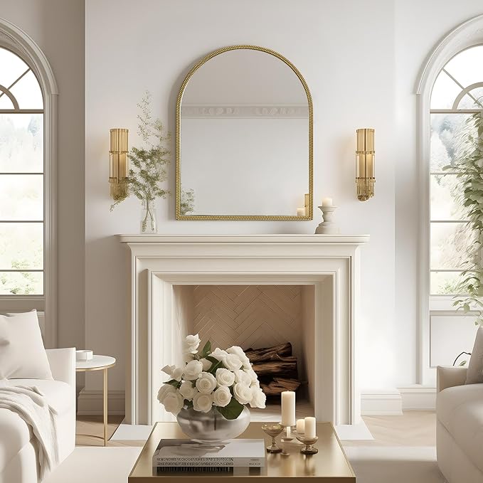 WallBeyond Gold Vintage Mirror for Vanity 28x36 Inch, Gold Antique Mirror with Ornate Beaded Frame for Bathroom, Living Room, Fireplace, Entryway