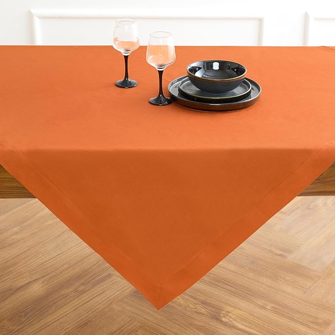 Solino Home Linen Tablecloth 52 x 52 Inch - 100% Pure Linen Persimmon Orange Square Tablecloth - Fete, Machine Washable Table Throw for Fall, Autumn, Halloween, Thanksgiving