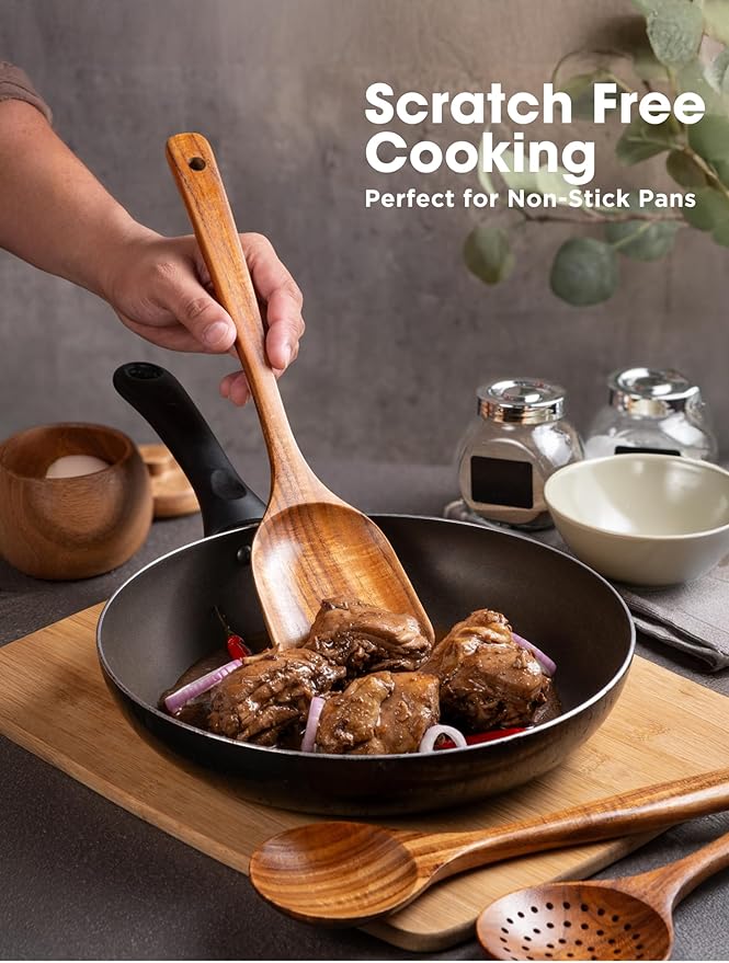 New Kitchen 6 Piece Wooden Spoons for Cooking - Smooth Finish Teak Kitchen Utensils Set - Non-Stick Wooden Spatula Perfect Kitchen Essential and Gift - Long Wooden Spoon Sets