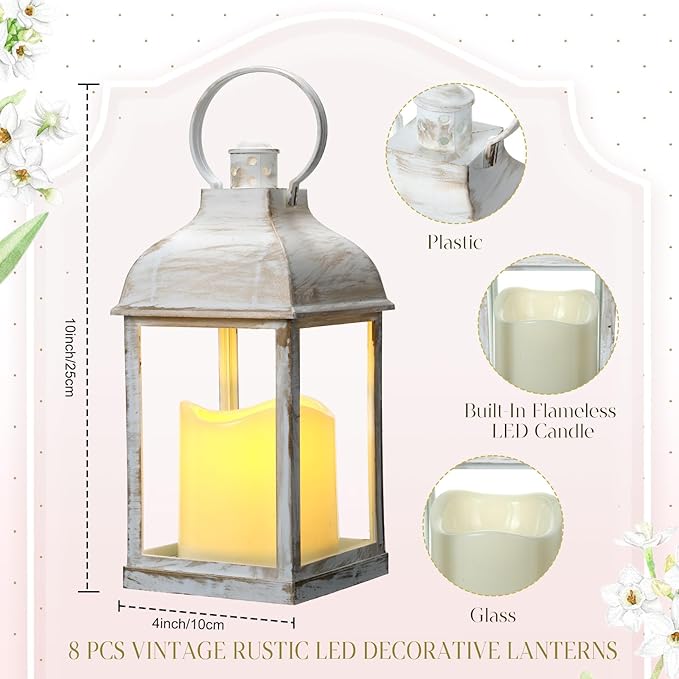 8 Pcs 10 inch White Decorative Candle Lantern Bulk for Wedding Centerpieces White Lanterns with LED Flameless Candle Indoor Outdoor Battery Powered Hanging Lights for Wedding Party