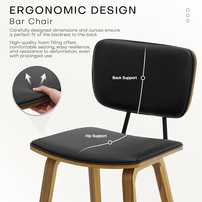 Counter Height Bar Stools Set of 2, PU Leather Upholstered Barstools with Backs, Bent Wood Legs, 26 Inch Seat Height, Mid Century Modern Counter Stools for Kitchen Island, Black