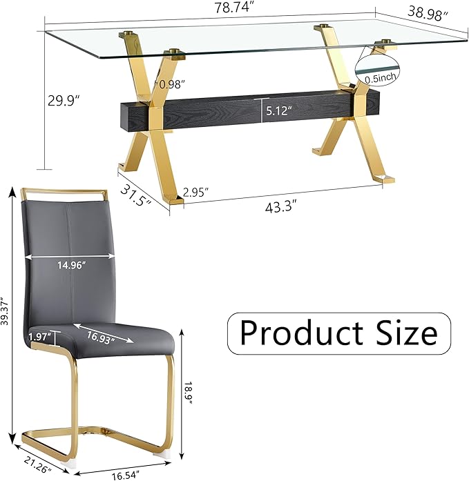 9 Piece Glass Dining Table Set, 79" Modern Dining Table Set for 8, 0.5" Thick Tempered Glass Tabletop with Gold Chrome Metal Legs and Black Crossbar, 8 PU Chairs for Dining Room, Kitchen