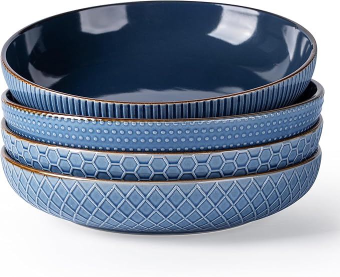 GBHOME 9.5'' Large Pasta Bowls, 42 Ounce Stoneware Salad Bowls for Kitchen, Ceramic Serving Bowls With Textured Pattern for Pasta,Fruit, Stews,Noodle, House-warming Gift, Set of 4-Moonlight Blue