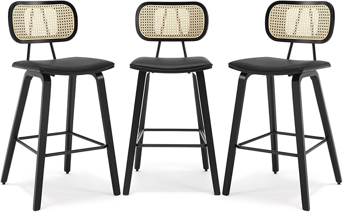 Counter Height Bar Stools Set of 3, PU Leather Upholstered Rattan Barstools, 26" Mid Century Modern Bar Chairs with Black Wood Legs, Armless Kitchen Island Dining Bar Chair, Black