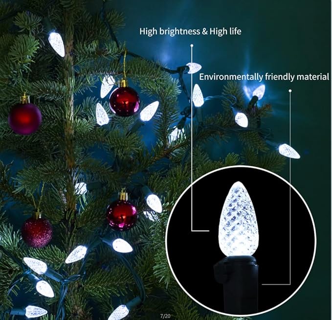 Christmas C3 Bulbs Light String 50 LED Multicolor Strawberry Xmas Tree Outdoor Indoor Waterproof Decoration Plug in 18 Feet Used for Patio Party Festive Courtyard Home (Cold White)