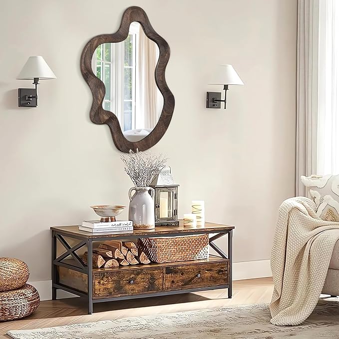 Asymmetrical Wavy Mirror for Wall Decor Large Cute and Stylish Unique Wooden Framed Wall Mirror Vanity Artistic Cloud Mirror 21.6"x15" Decorative for Living Room Bedroom Bathroom Entryway