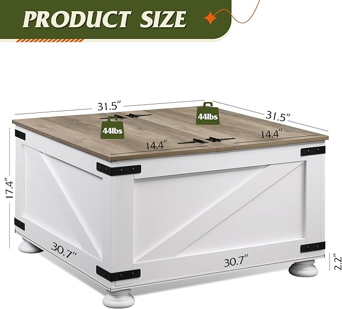 WLIVE Farmhouse Coffee Table, 31.5" Square Wood Center Table with Flip-Top Lids and Large Hidden Storage Compartment for Living Room, Bedroom, White