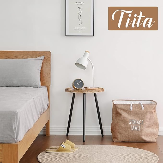 Tiita Round End Table Mental Side Table Nightstand/Small Wood Tables Accent Coffee Table with Wooden Tray for Living Room Bedroom Office Small Space