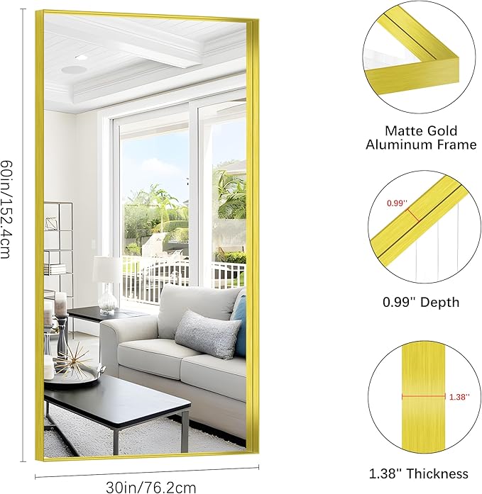 Gold Bathroom Mirror, 30x60 Inch Rectangular Deep Frame Mirror, Large Wall Mounted Bathroom Vanity Mirror Over Sink for Bedroom,Restroom, Living Room, Hangs Vertically or Horizontally