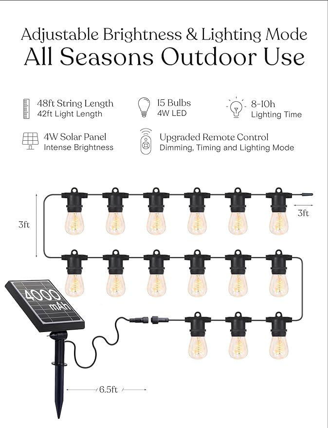 Brightech Ambience Pro Super Bright 48 Ft, 15 Bulbs Solar Power Remote Control Outdoor String Lights, Edison Spiral Shatterproof Bulbs, Commercial Grade LED, Waterproof Patio Lights, 4W Soft White