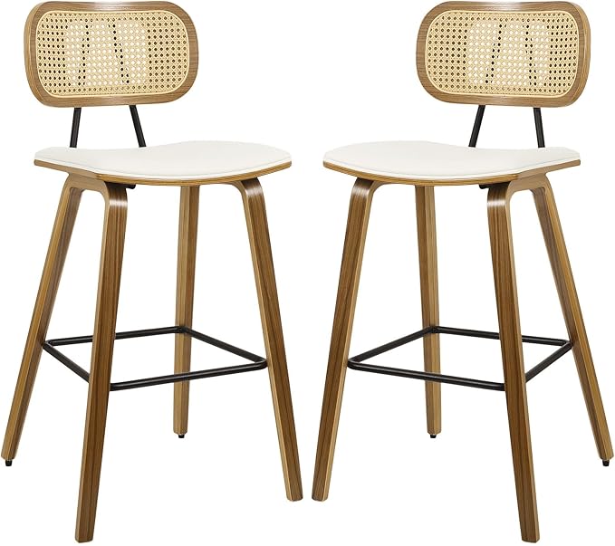 Counter Height Bar Stools Set of 2, Mid Century Modern Counter Stools, 26" Wood Kitchen Stool PU Leather Upholstered Barstool with Rattan Back, Counter Height Island Dining Bar Chair, Cream White