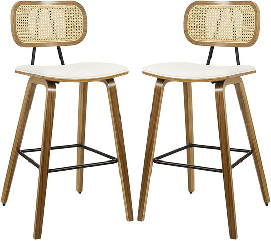 Counter Height Bar Stools Set of 2, Mid Century Modern Counter Stools, 26" Wood Kitchen Stool PU Leather Upholstered Barstool with Rattan Back, Counter Height Island Dining Bar Chair, Cream White