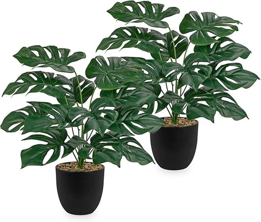 Briful Lush Artificial Monstera Plant - Realistic Green Leaves, Stylish Black Pot, 14.9-Inch Tall, Fake Plants for Home & Office Farmhouse Wedding Decor (2 Piece)