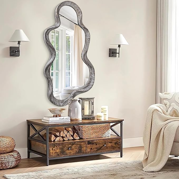 Asymmetrical Mirror Large Irregular Wall Mirror Modern Wood Frame Unique Artistic Mirrors Cute and Stylish Cloud Wavy Mirror Decorative for Cloakroom Bedroom Living Room Bathroom Entryway White