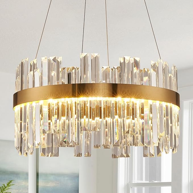 19.7'' Dimmable Modern LED Crystal Chandeliers,Gold Chandelier Light Fixture, 3 Colors Contemporary Pendant Ceiling Light for Dining Room Living Room Kitchen Island Entryway Foyer ,With Remote Control