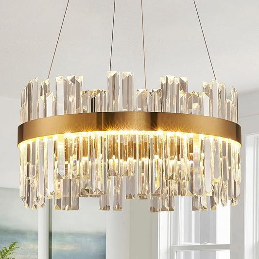 19.7'' Dimmable Modern LED Crystal Chandeliers,Gold Chandelier Light Fixture, 3 Colors Contemporary Pendant Ceiling Light for Dining Room Living Room Kitchen Island Entryway Foyer ,With Remote Control